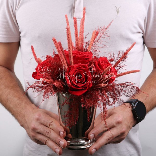 Red Preserved Roses & Silver Pot