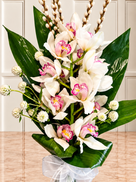 Beyaz Cymbidium Orkideli Premium Buket