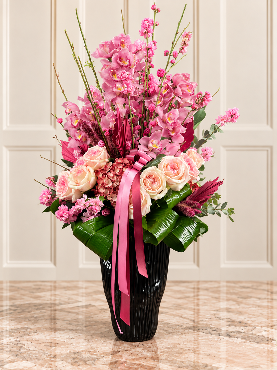Pembe Cymbidium Ve Gül Aranjmanı